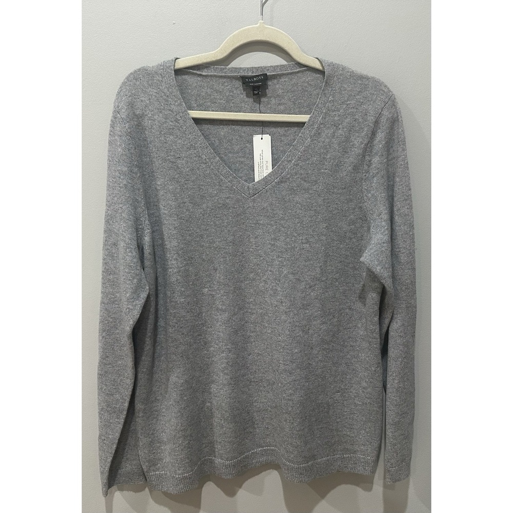 Talbots Pure‎ Cashmere Sweater Women XL Gray V Neck 100% Cashmere NWT Classic